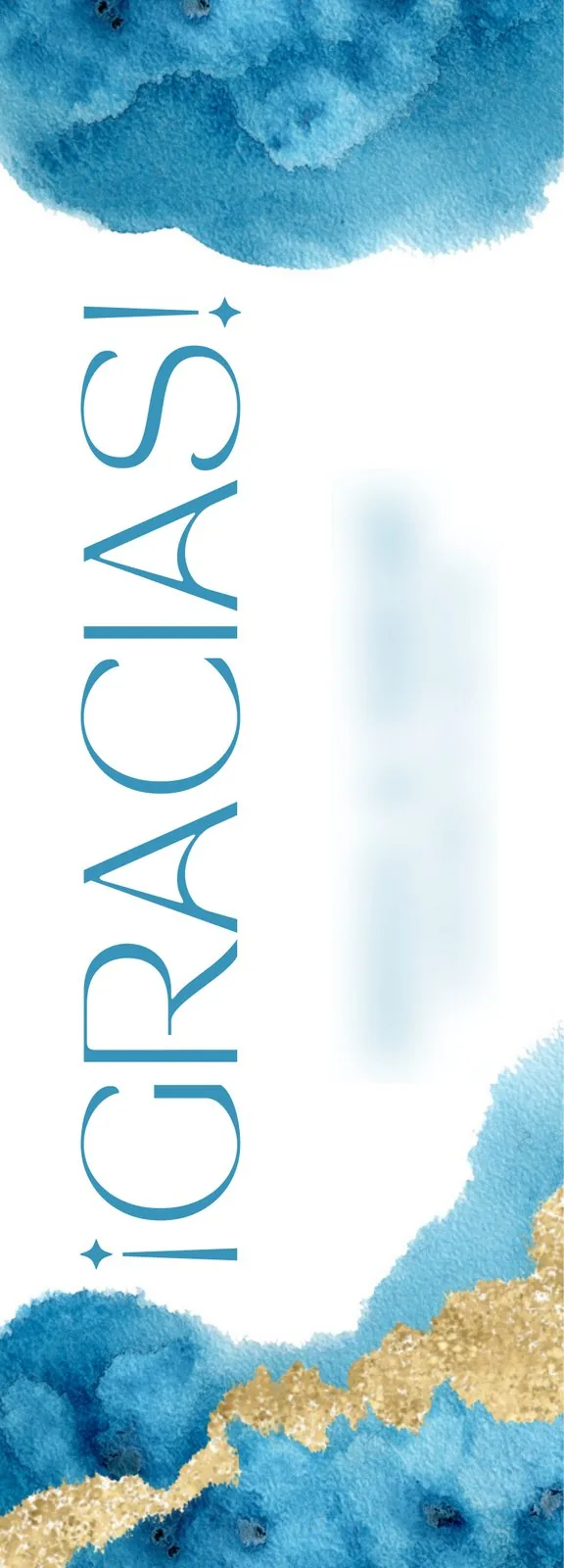 Tarjeta vertical con la palabra Gracias en azul entre dos manchas de acuarela