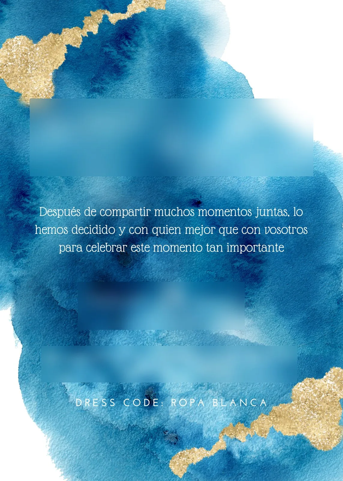 Frente de la invitación: acuarela azul con vetas doradas y texto en blanco