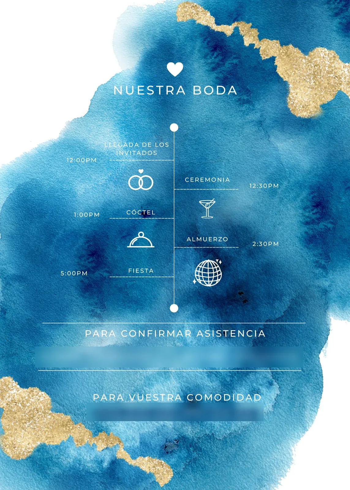 Reverso de la invitación: programa del día en línea de tiempo con iconos de anillos, cóctel, almuerzo y fiesta