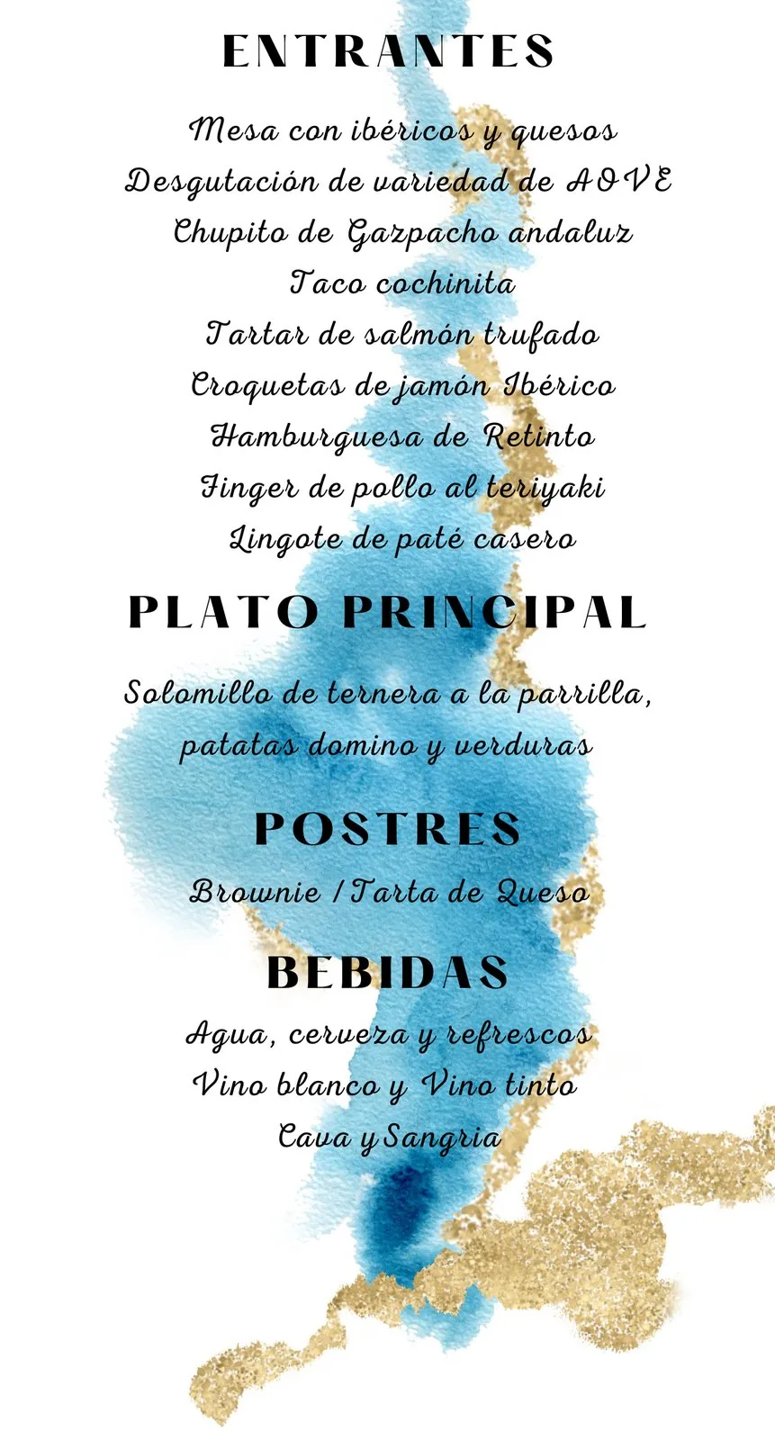 Minuta alargada con entrantes, plato principal, postres y bebidas en cursiva sobre una pincelada azul y dorada