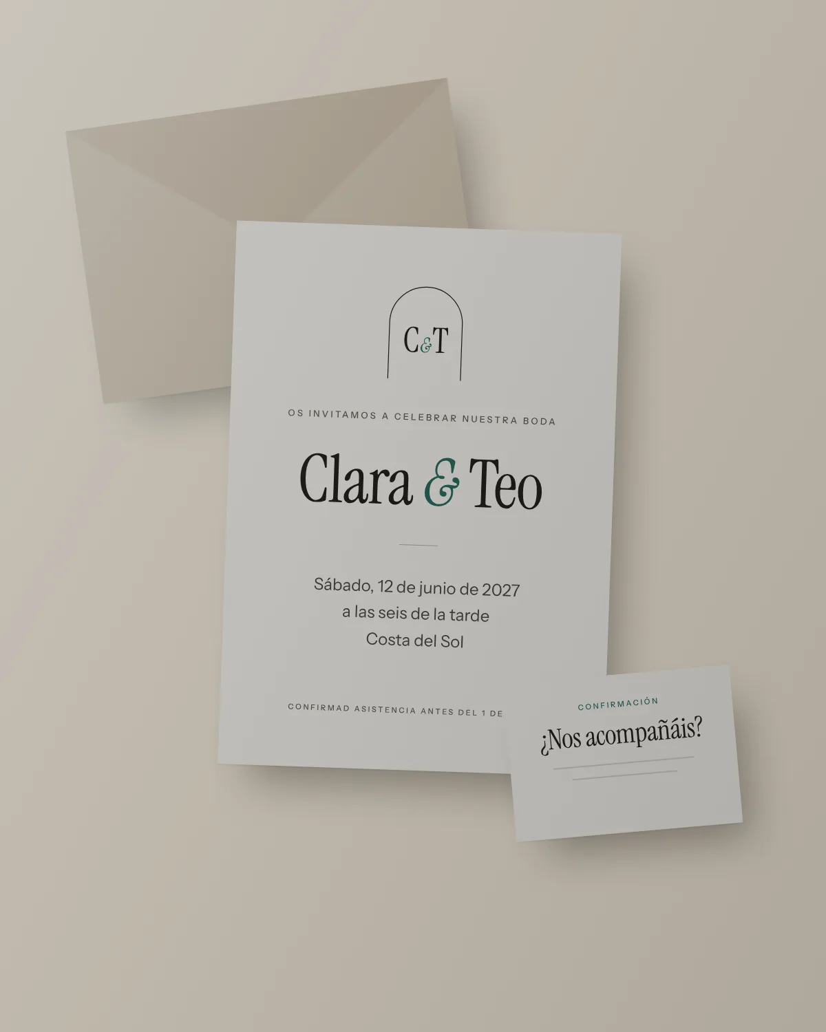 Diseño conceptual de una suite de invitación de boda sobre lino, con luz natural