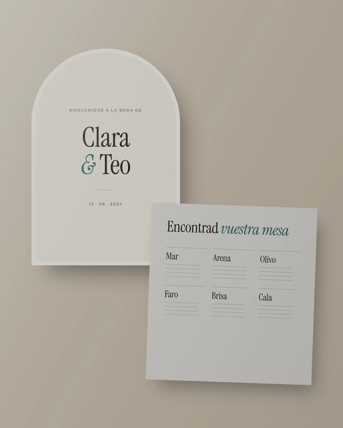 Diseño conceptual: cartel de bienvenida y seating plan de una boda