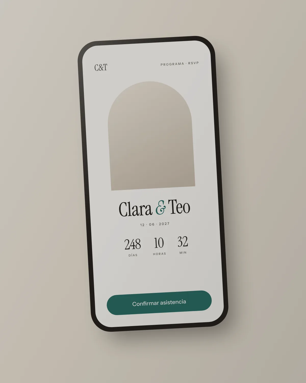 Diseño conceptual: web de boda en un teléfono móvil con cuenta atrás y botón para confirmar asistencia