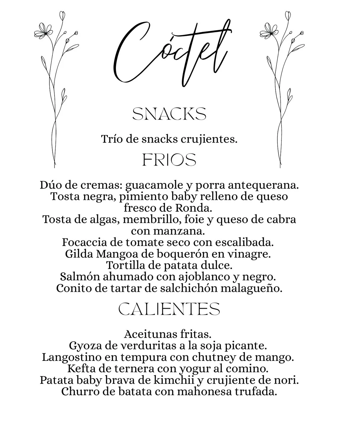 Carta de cóctel con el título Cóctel en caligrafía y dos ramas florales de línea