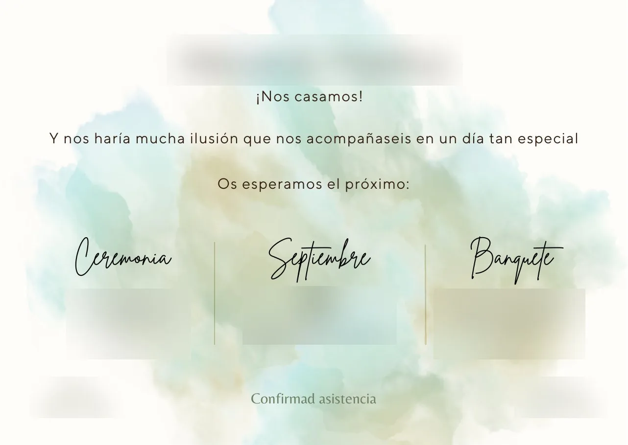 Invitación horizontal con fondo de acuarela verde y azul y tres columnas: Ceremonia, Septiembre y Banquete