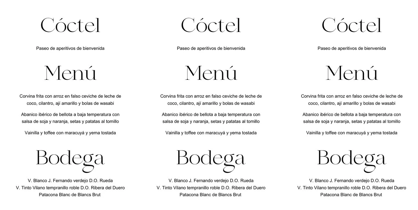 Pliego con tres minutas verticales iguales con los apartados Cóctel, Menú y Bodega