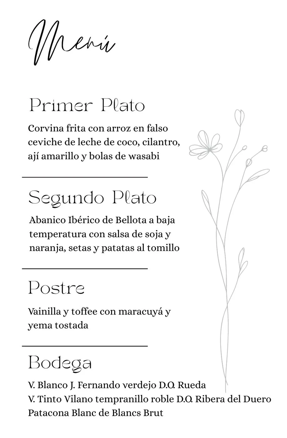 Minuta vertical con el título Menú en caligrafía, cuatro apartados y una flor de línea gris